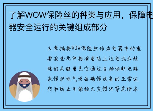 了解WOW保险丝的种类与应用，保障电器安全运行的关键组成部分